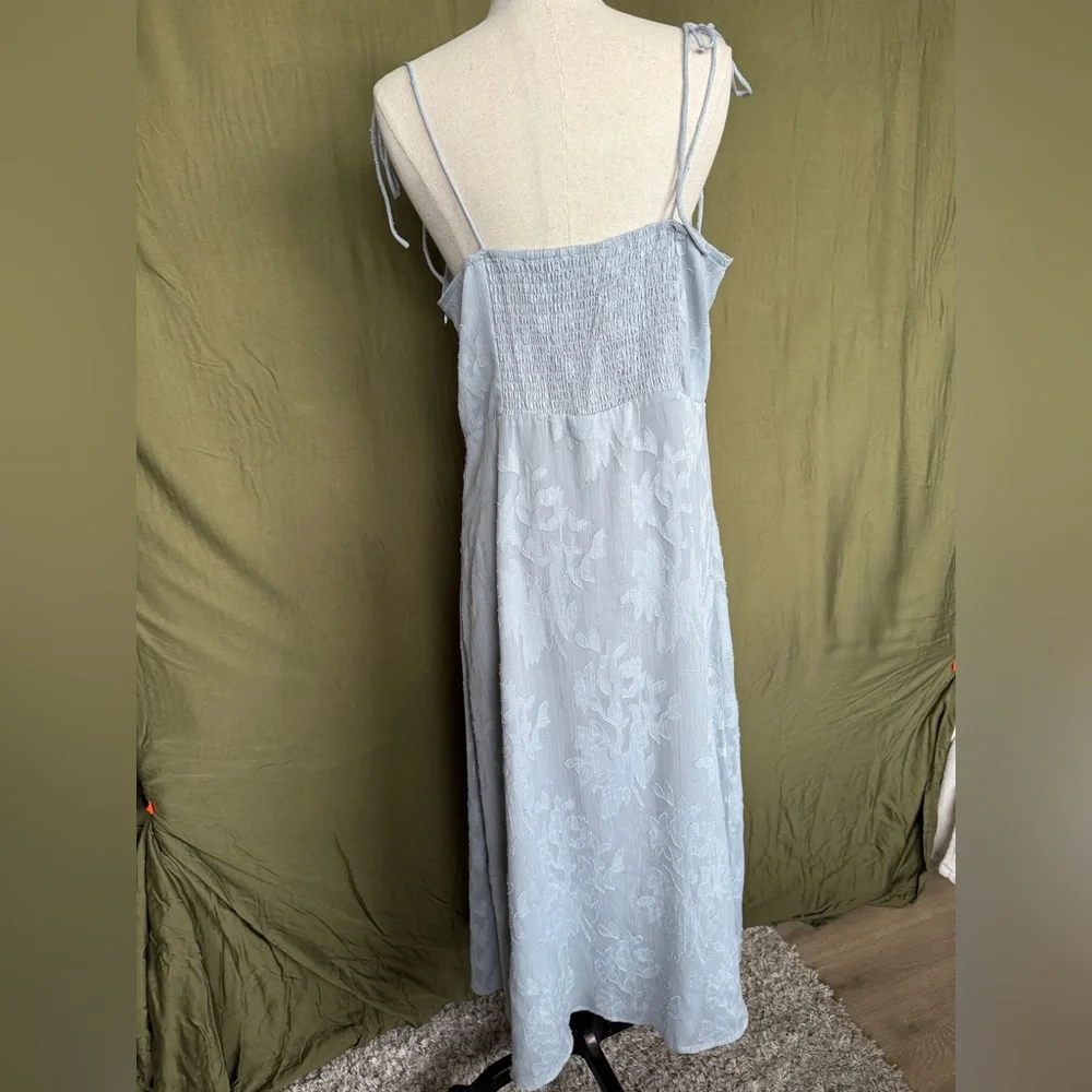 Lulu's Loveliest Looks Dusty Blue Floral Jacquard Tie-Strap Midi Dress - Picture 4 of 6